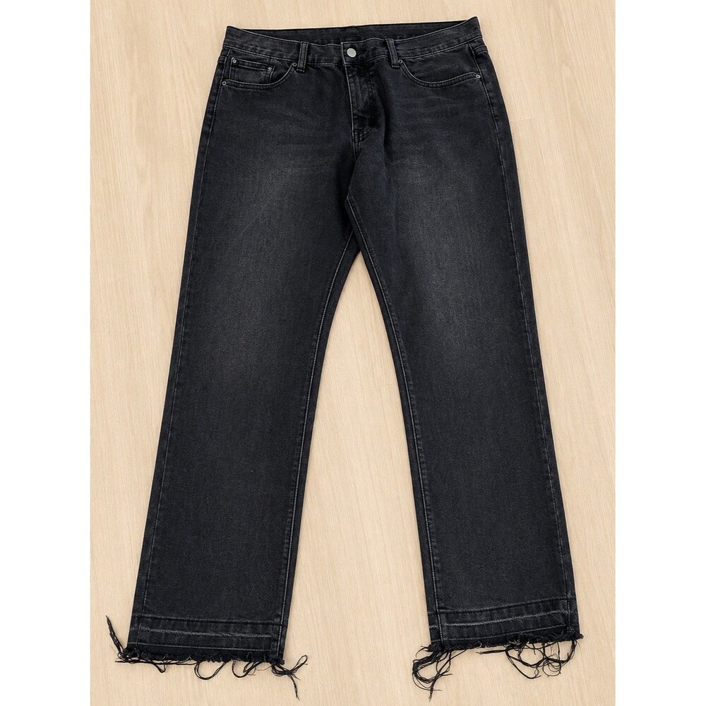 MNML Black Raw Hem Jeans Mens 38 Distressed Frayed Straight Leg Streetwear Denim